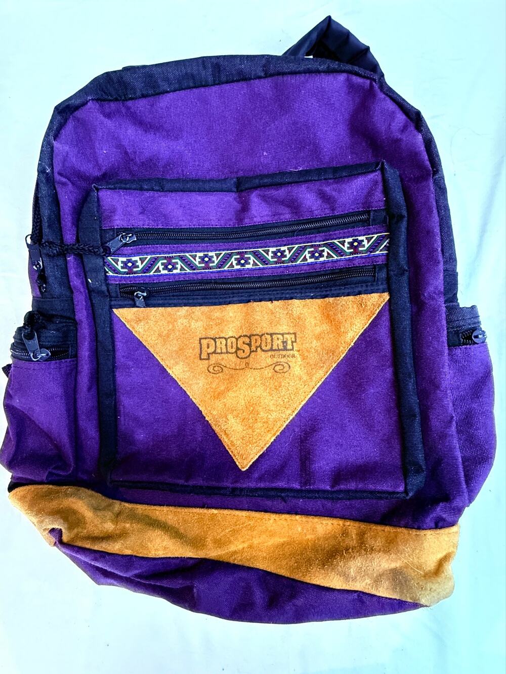 ProSport Vintage Backpack Purple Tan Suede Daypack Hiking School Travel Bag